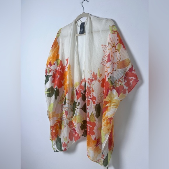 Vince Camuto Bright Citrus Colored Floral Pattern Kimono Poncho Beach Summer OS - Picture 4 of 8